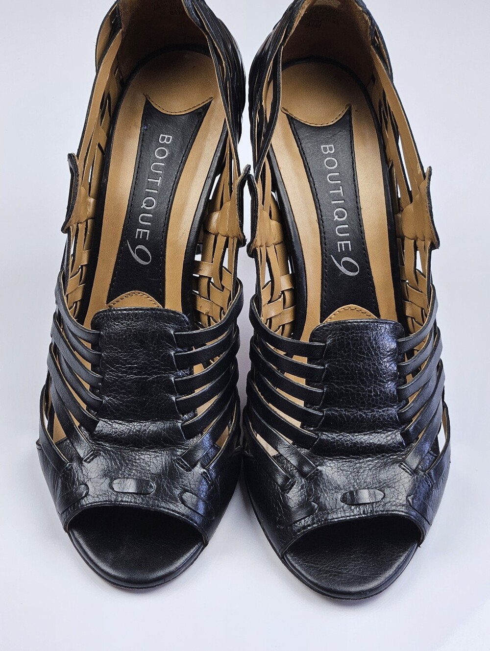 Boutique 9 Woven Leather Black Peep Toe Heels Shoes Retro Vintage - Size 8.5